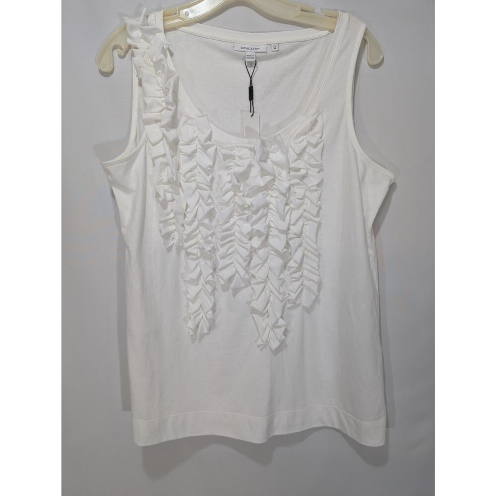 Chicoโs White Ruffleโ Front Sleeveless Top Size M NWT